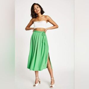 Jack Wills Tibshelf Textured Midi Skirt Pleated Tie Waist Side Slit Green Size 8